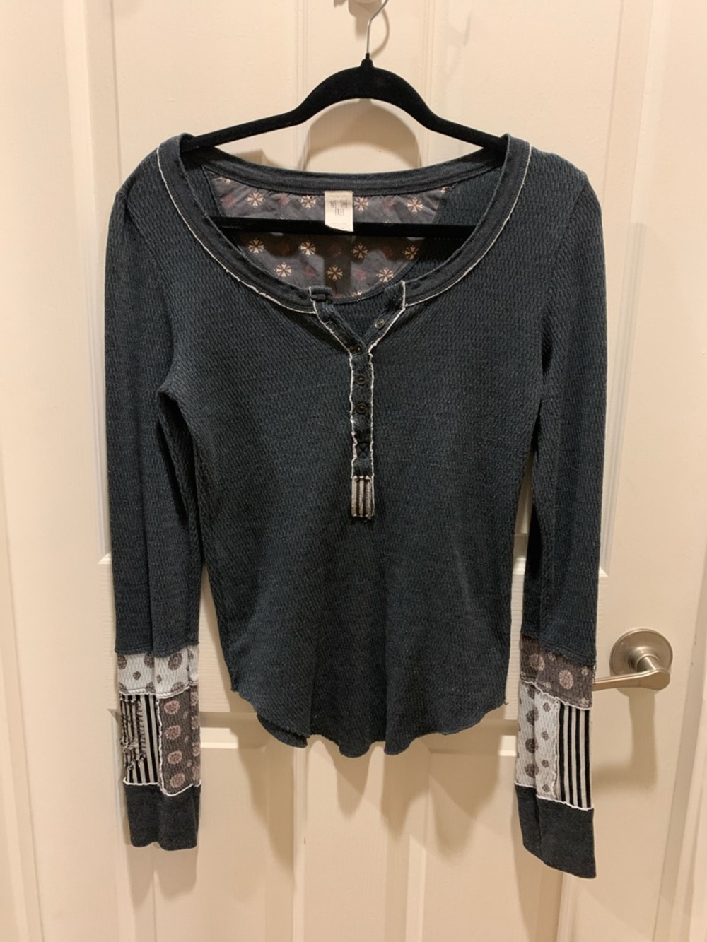 We The Free Dark Charcoal Henley with Patterned Cuff Panels - Picture 3 of 10